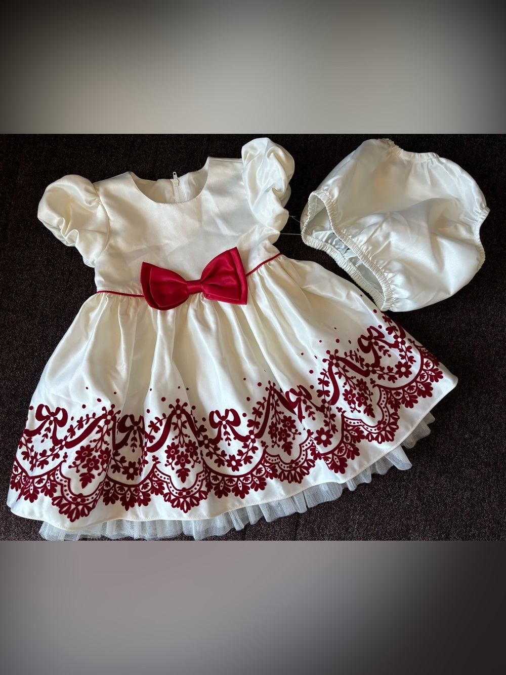 Rare Editions sz 3-6m or 12 mon satin white Dress Red Bow Embroidered Holiday